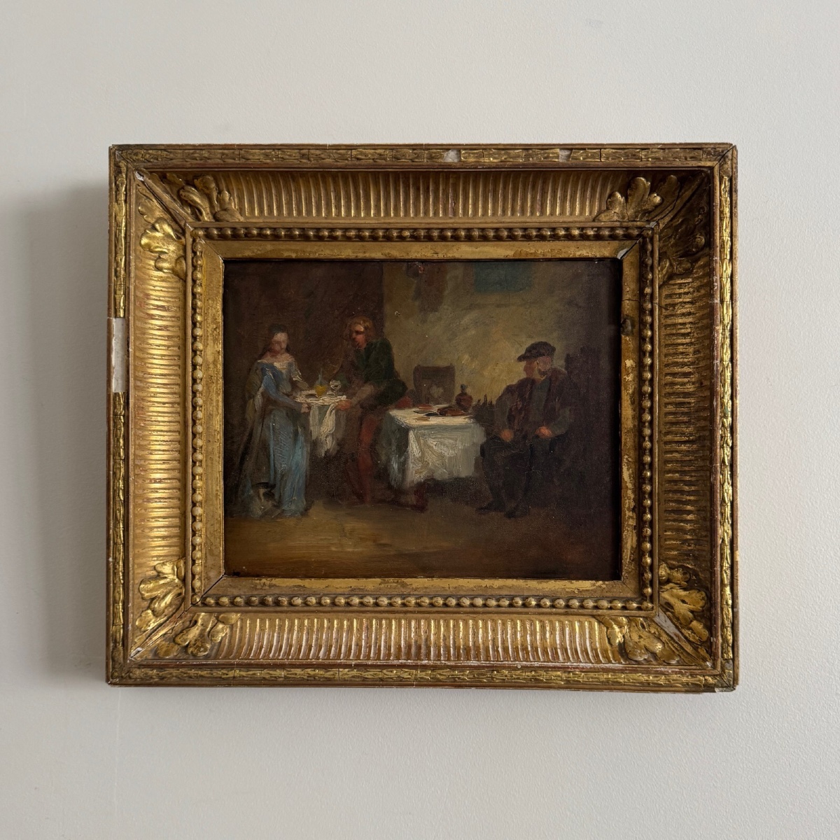 Huile sur panneau scène de taverne monogramme BC XIXe