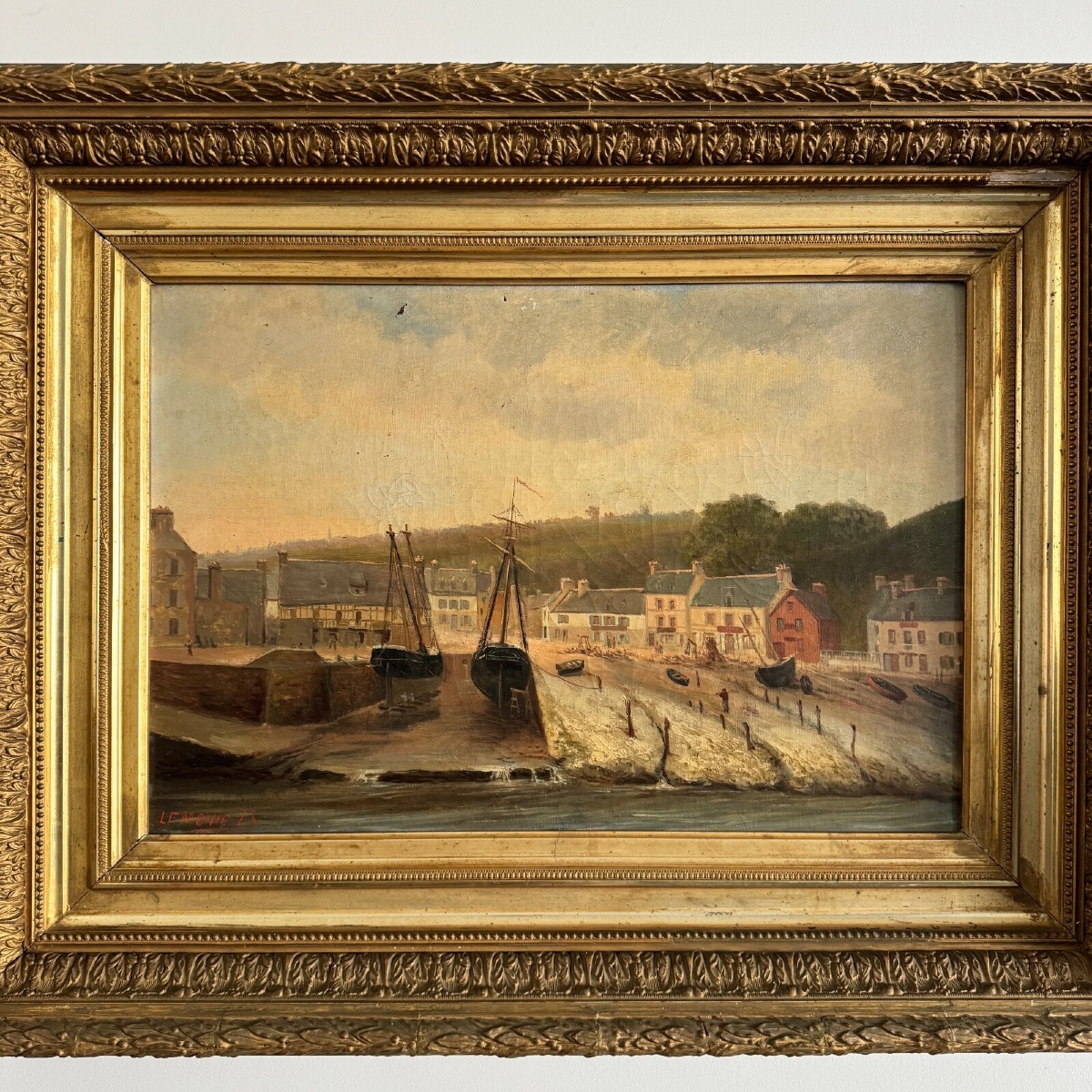 Huile sur toile par F. Lemoine le port de Nantes fin XIXe cadre en stuc-photo-2