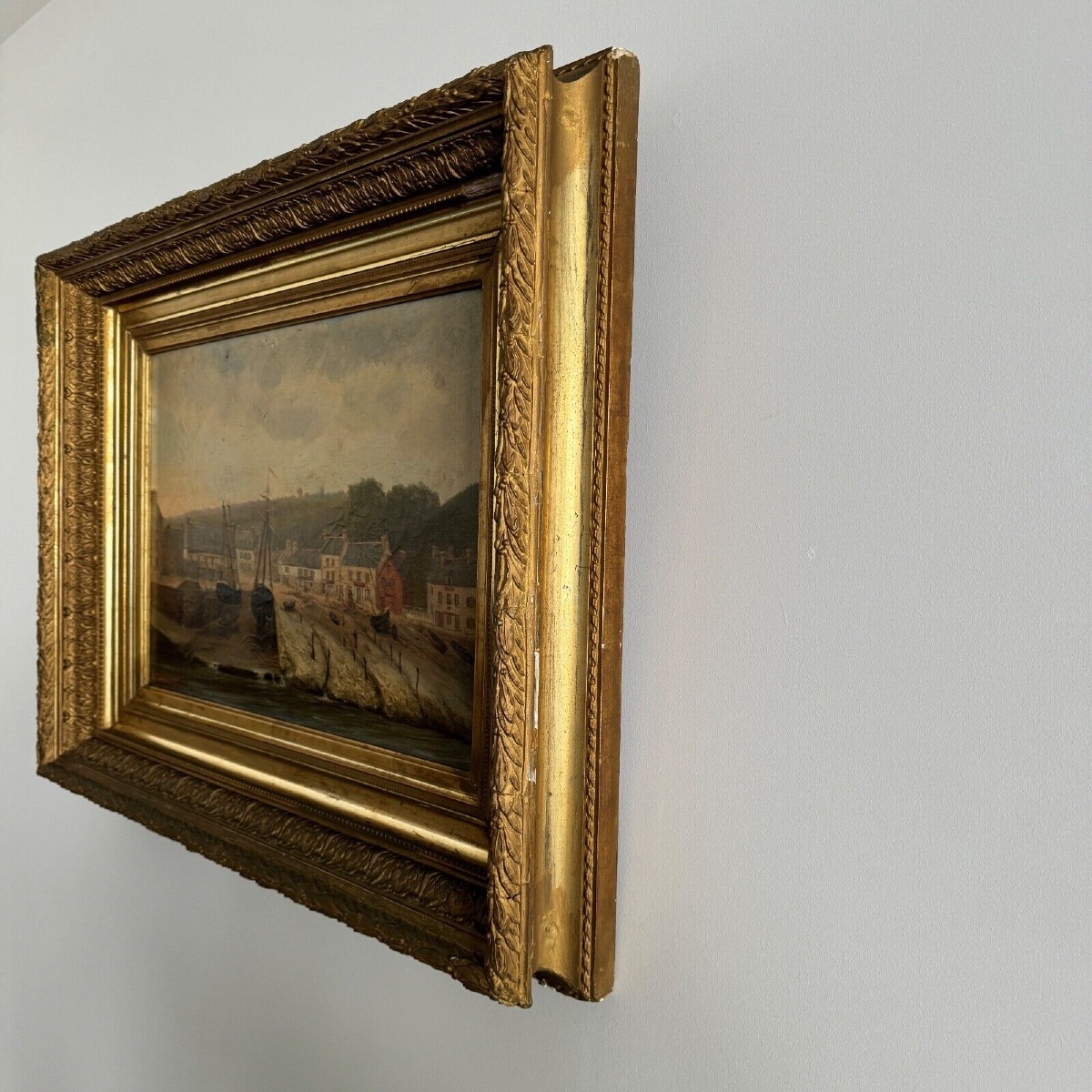 Huile sur toile par F. Lemoine le port de Nantes fin XIXe cadre en stuc-photo-4