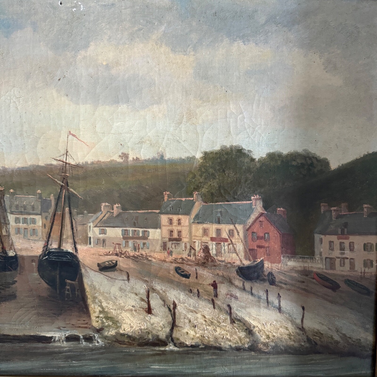 Huile sur toile par F. Lemoine le port de Nantes fin XIXe cadre en stuc-photo-1