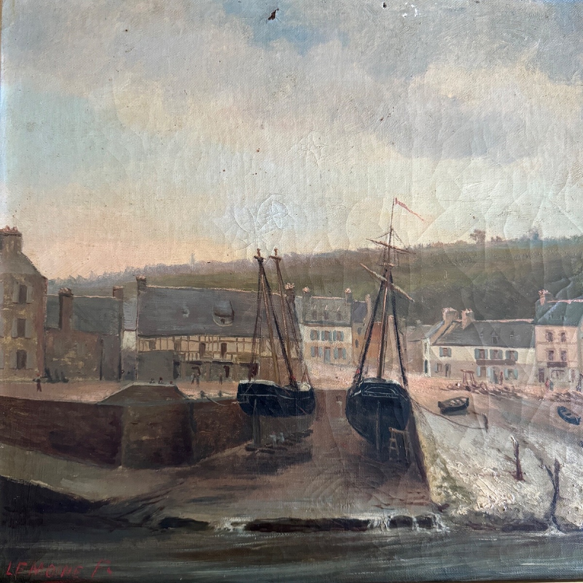 Huile sur toile par F. Lemoine le port de Nantes fin XIXe cadre en stuc-photo-2