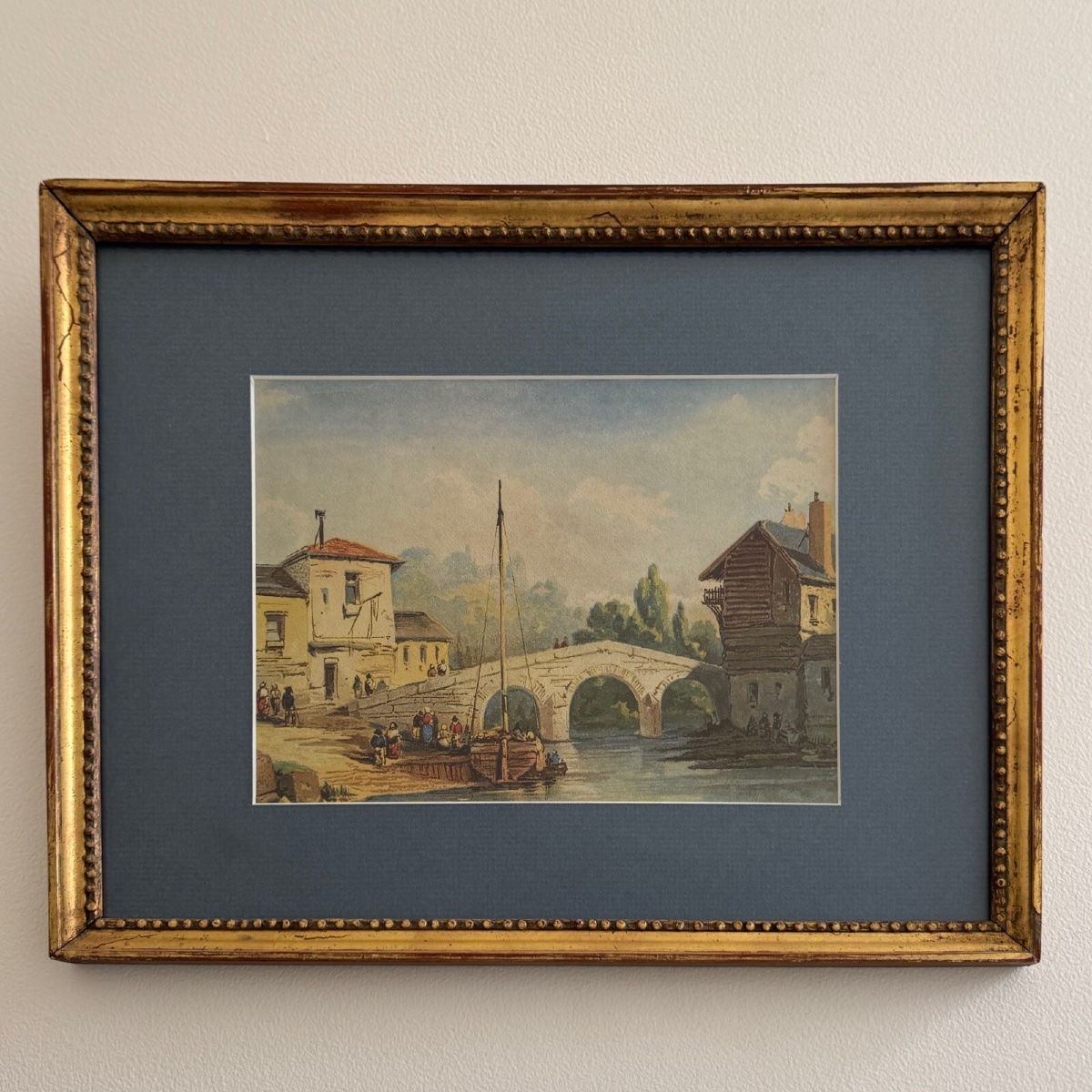 Aquarelle sur papier bateau ancré près d'un pont XIXe cadre doré-photo-4