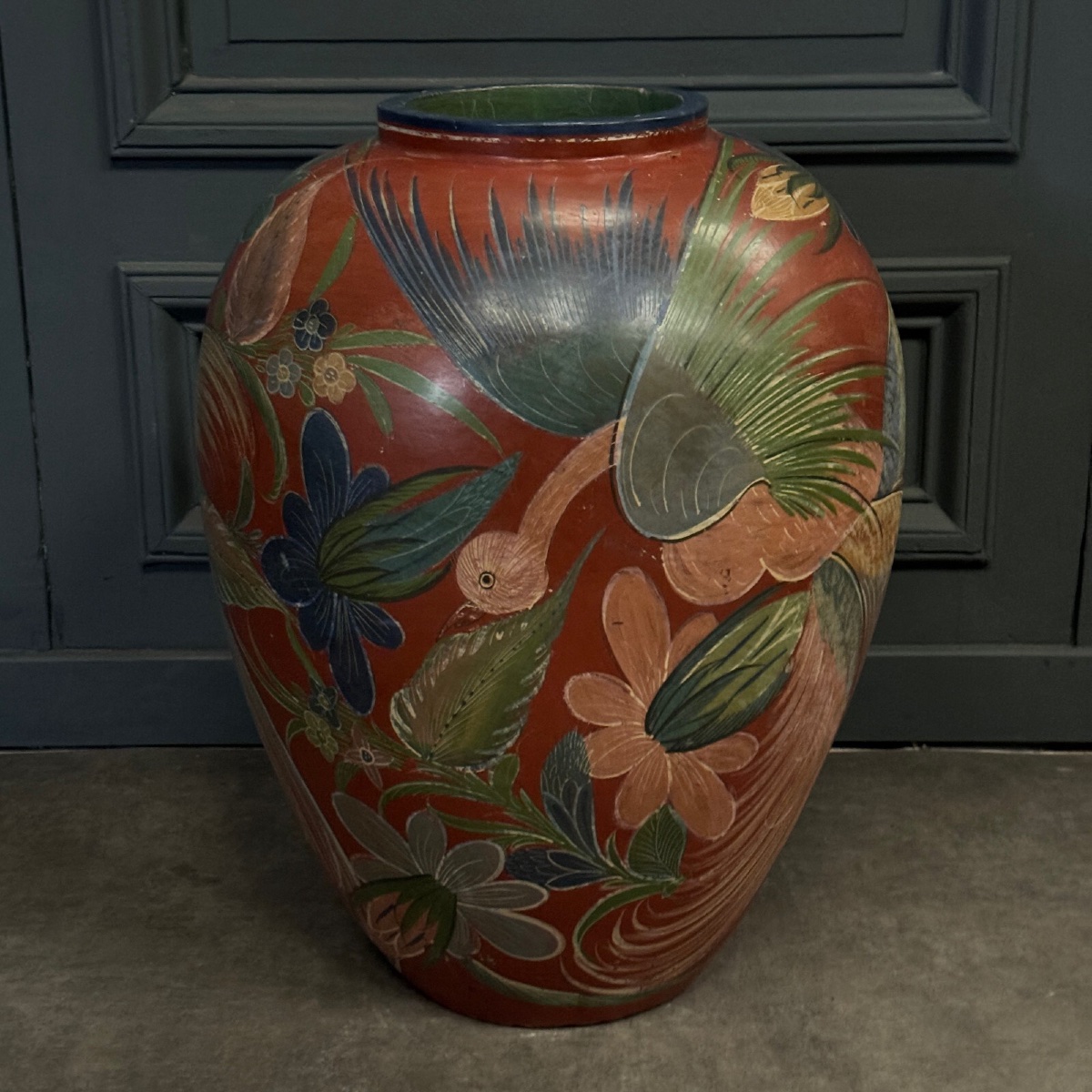 Large Mexican Earthenware Jar Painted With Bird Decoration, Early 20th Century-photo-3