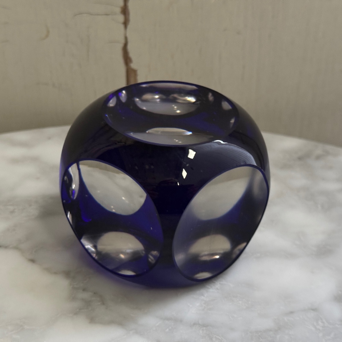 Blue And White Crystal Sulphide Paperweight With Cut Sides