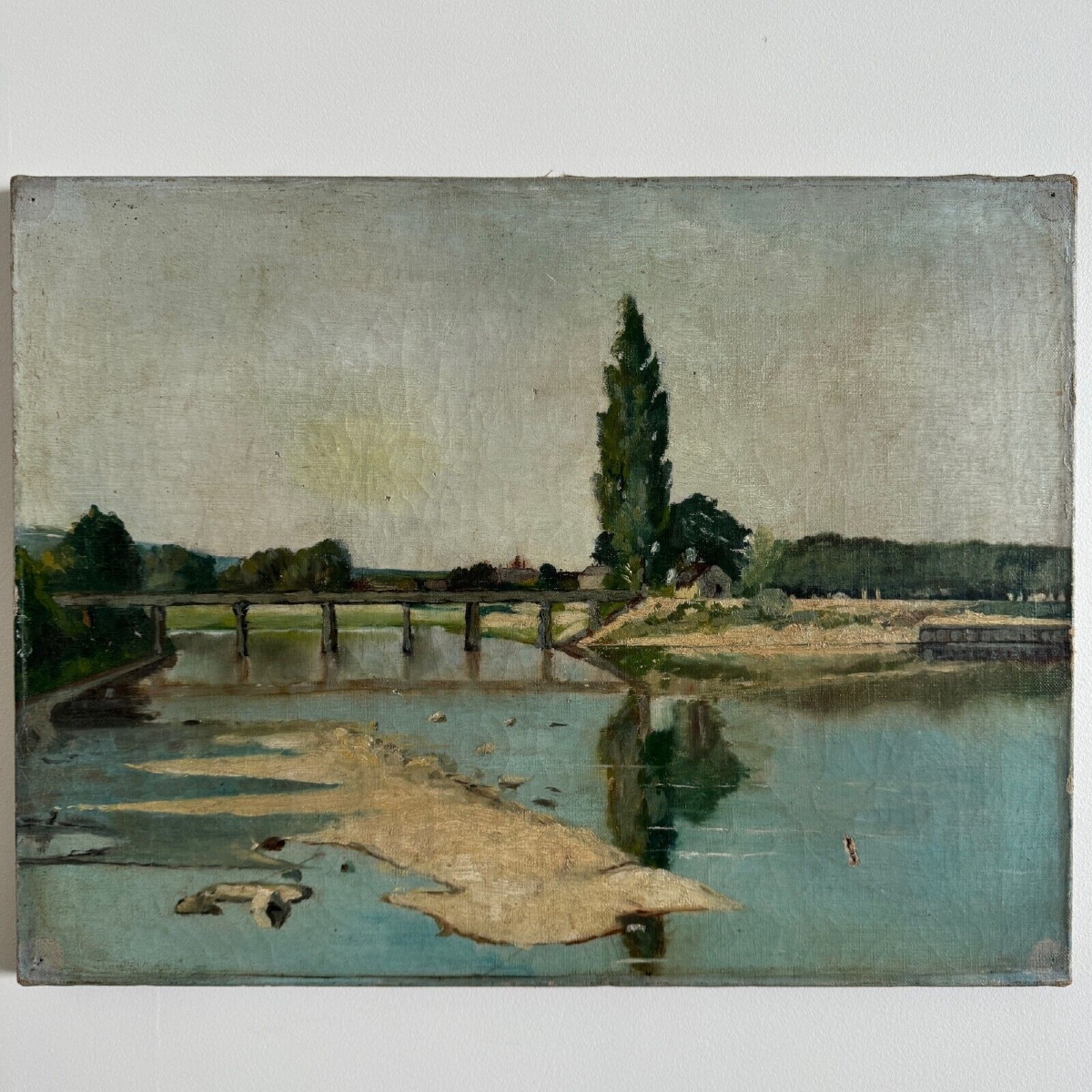 Huile sur toile représentant un cours d'eau avec un pont début XXe-photo-2