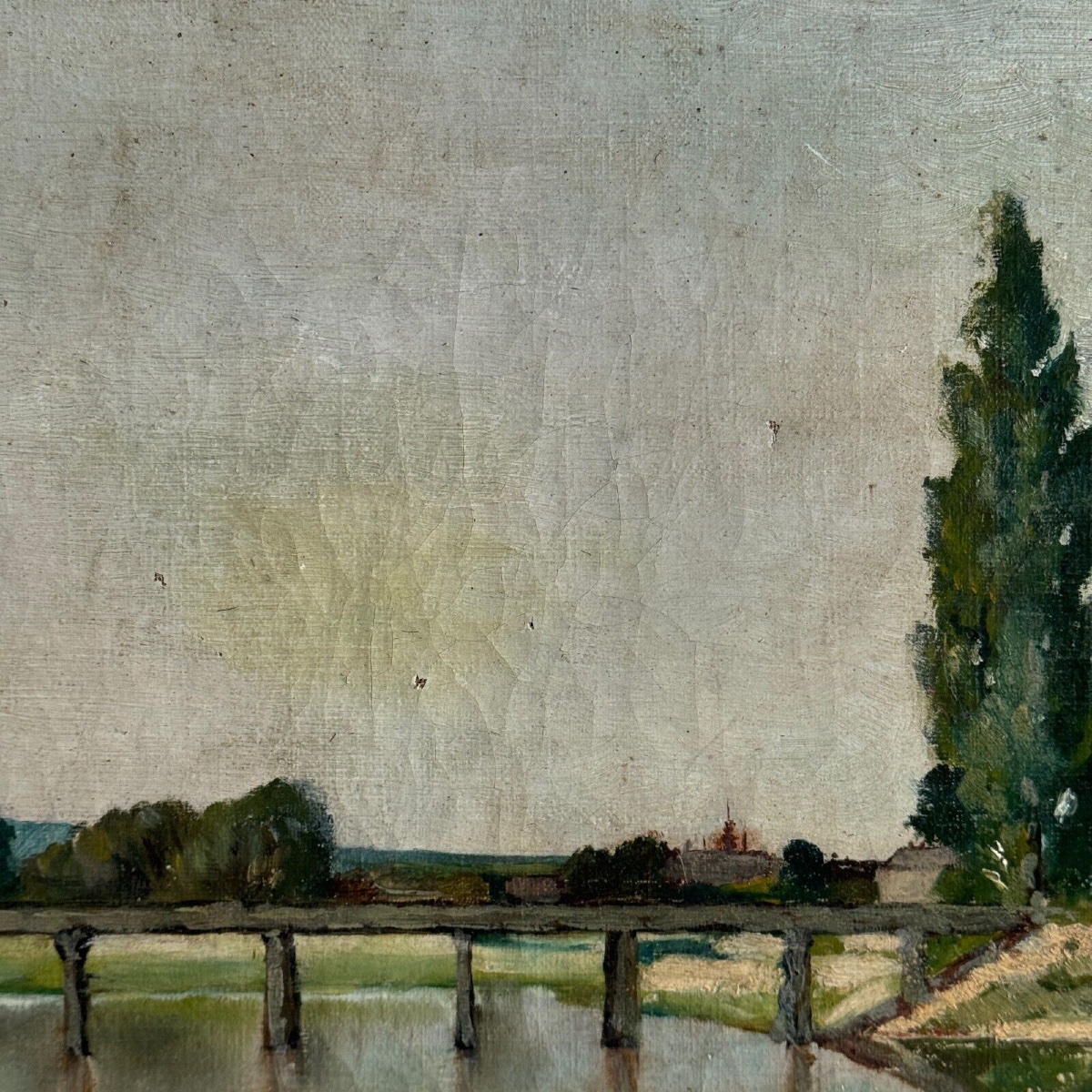 Huile sur toile représentant un cours d'eau avec un pont début XXe-photo-4