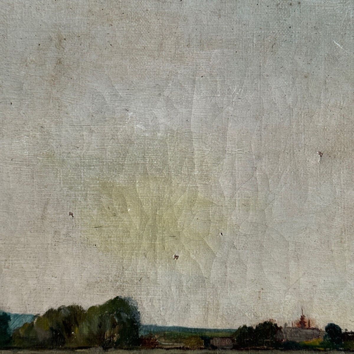 Huile sur toile représentant un cours d'eau avec un pont début XXe-photo-7