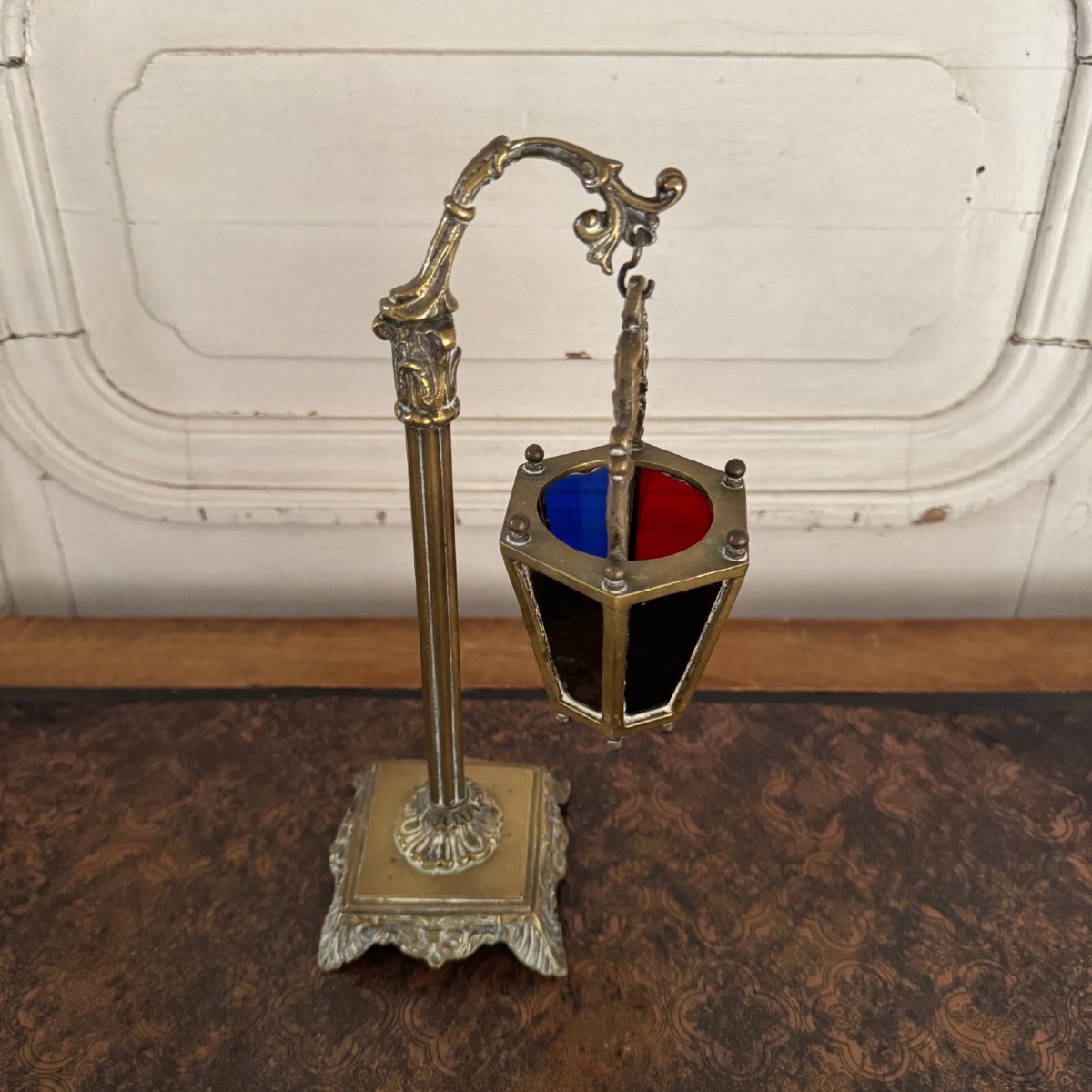 Night Light In Bronze And Multi-colored Glass, 19th Century Restoration-photo-2