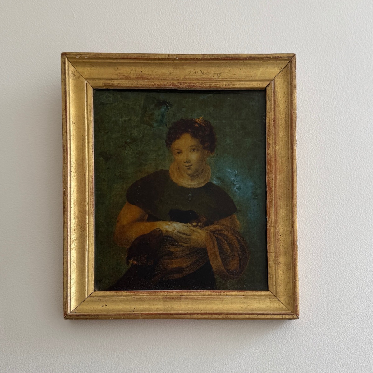 Portrait de jeune fille XVIIIe fixé sous verre cadre à baguette-photo-3