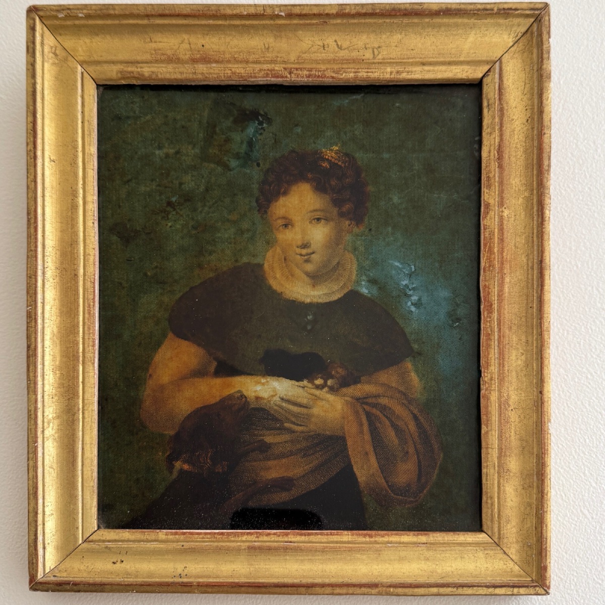 Portrait de jeune fille XVIIIe fixé sous verre cadre à baguette-photo-4