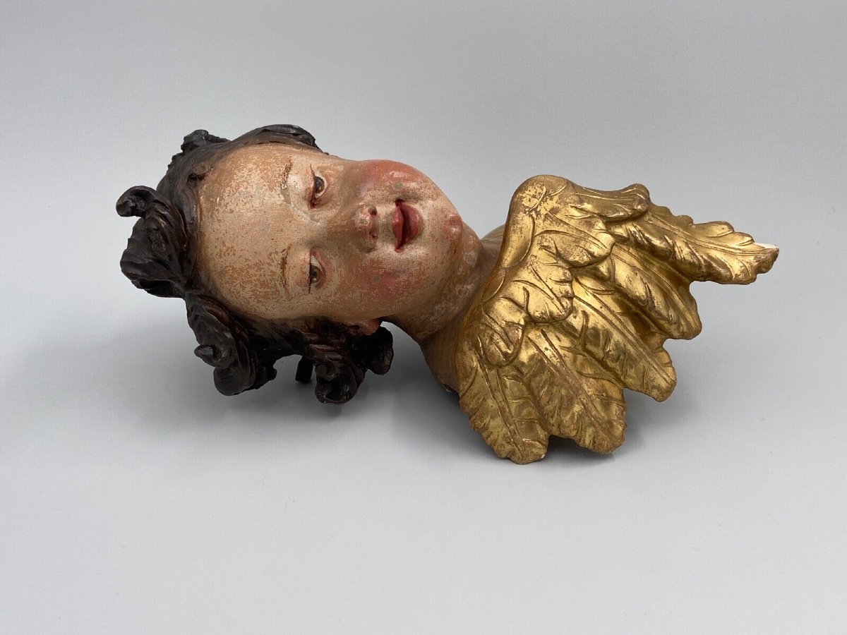 Tête d'angelot bois sculpté polychromé doré XVIIe entourage d'Ignaz Günther-photo-3