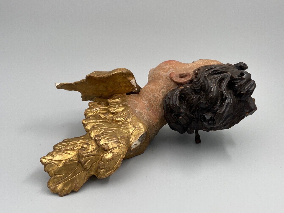 Tête d'angelot bois sculpté polychromé doré XVIIe entourage d'Ignaz Günther-photo-4