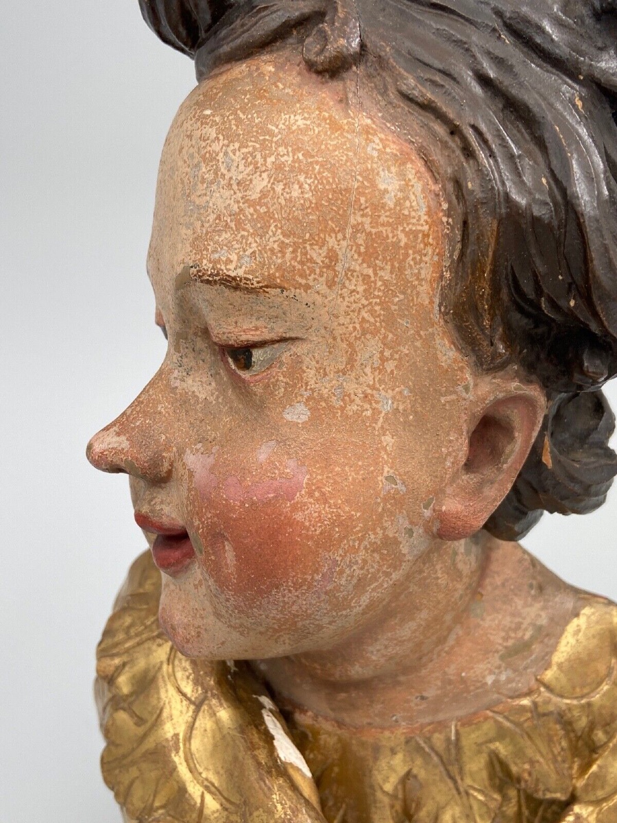 Tête d'angelot bois sculpté polychromé doré XVIIe entourage d'Ignaz Günther-photo-3