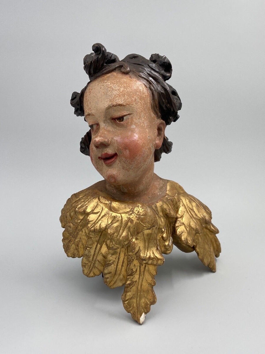 Tête d'angelot bois sculpté polychromé doré XVIIe entourage d'Ignaz Günther