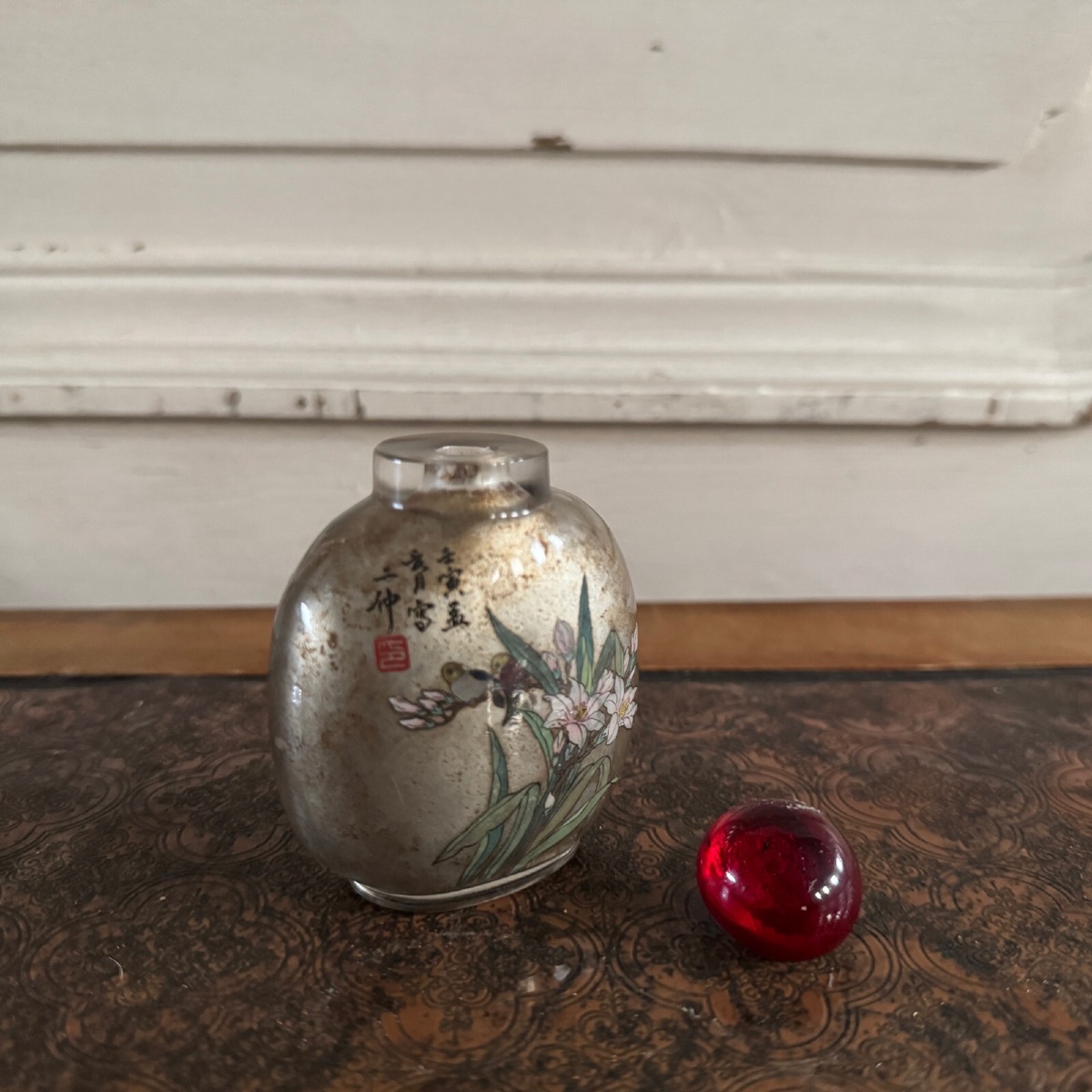 Chinese Snuff Bottle In Painted Glass With Birds And Flowers Decoration 20th Century-photo-1