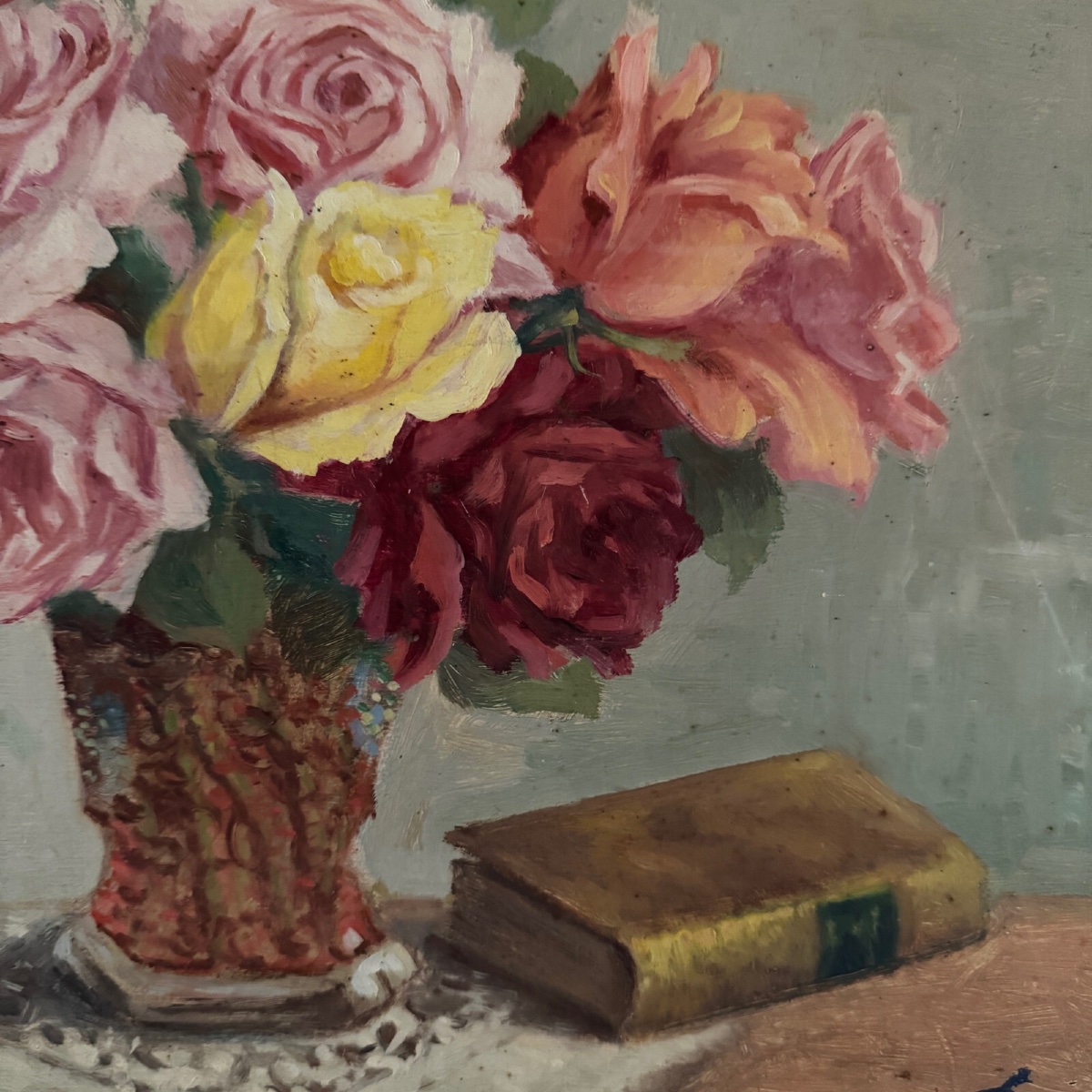 Oil On Panel Still Life With A Vase Of Roses By J. Bernard XXe-photo-4
