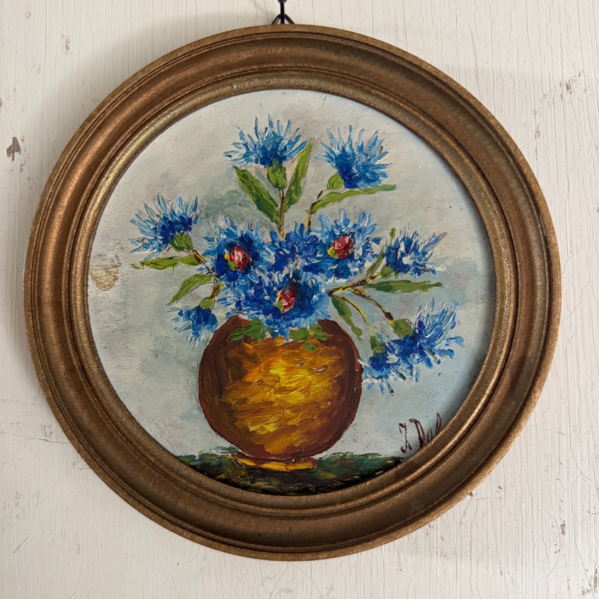 Huile sur panneau nature morte bouquet de fleurs par J. Delage XXe
