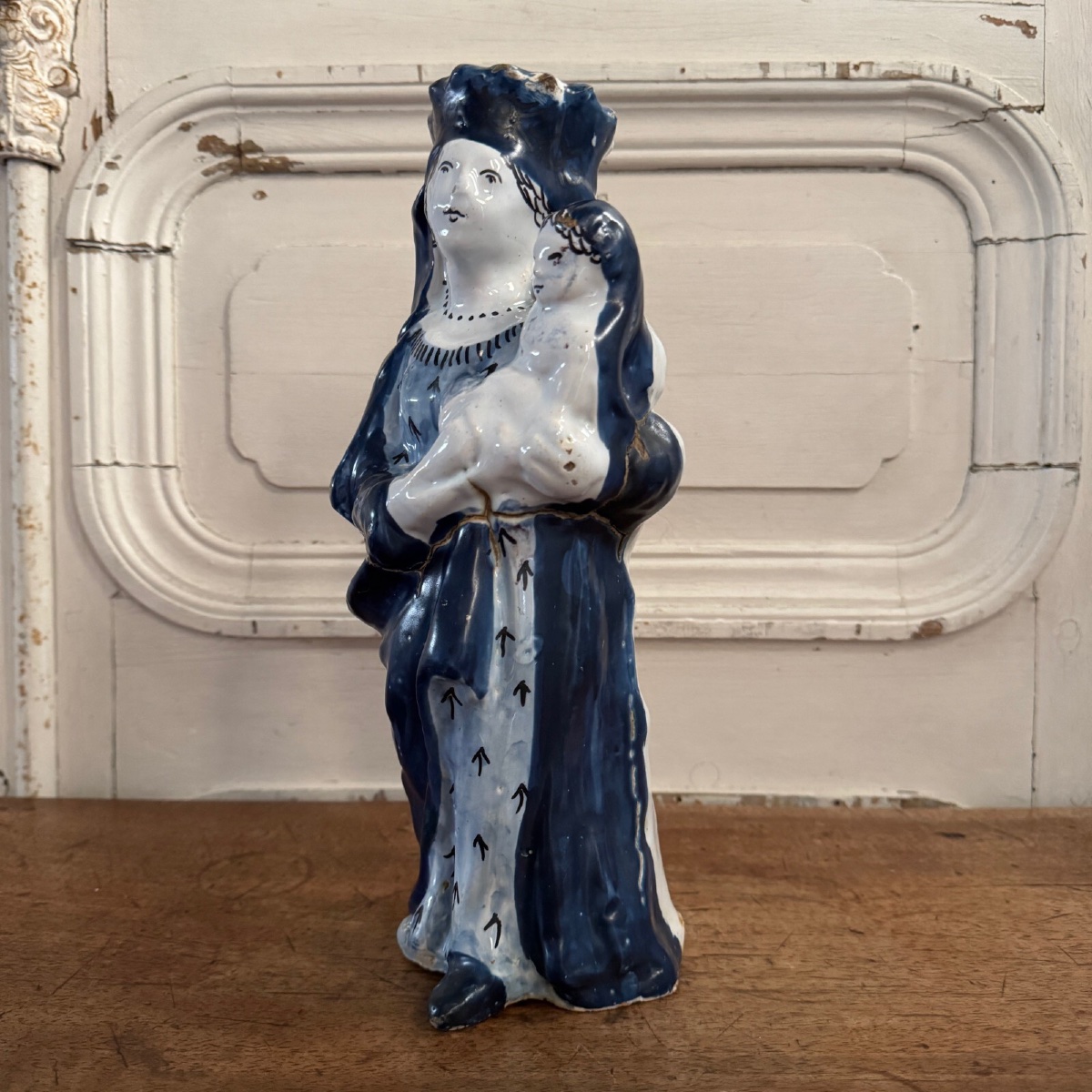 Vierge à l'Enfant XVIIIe fond bleu décor d'hermines-photo-3