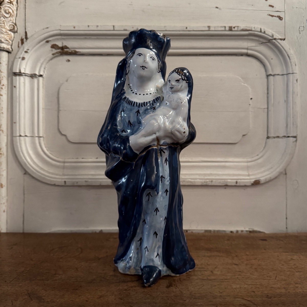 Vierge à l'Enfant XVIIIe fond bleu décor d'hermines