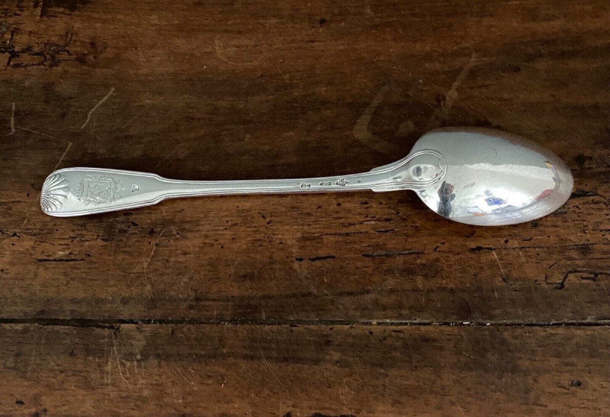 Solid Silver Stew Spoon, 18th Century Shell Pattern With Coat Of Arms-photo-2