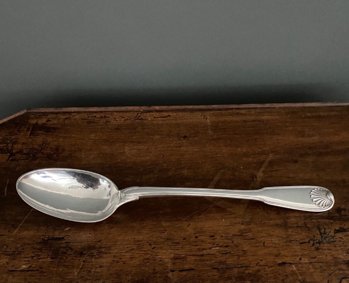 Solid Silver Stew Spoon, 18th Century Shell Pattern With Coat Of Arms-photo-3