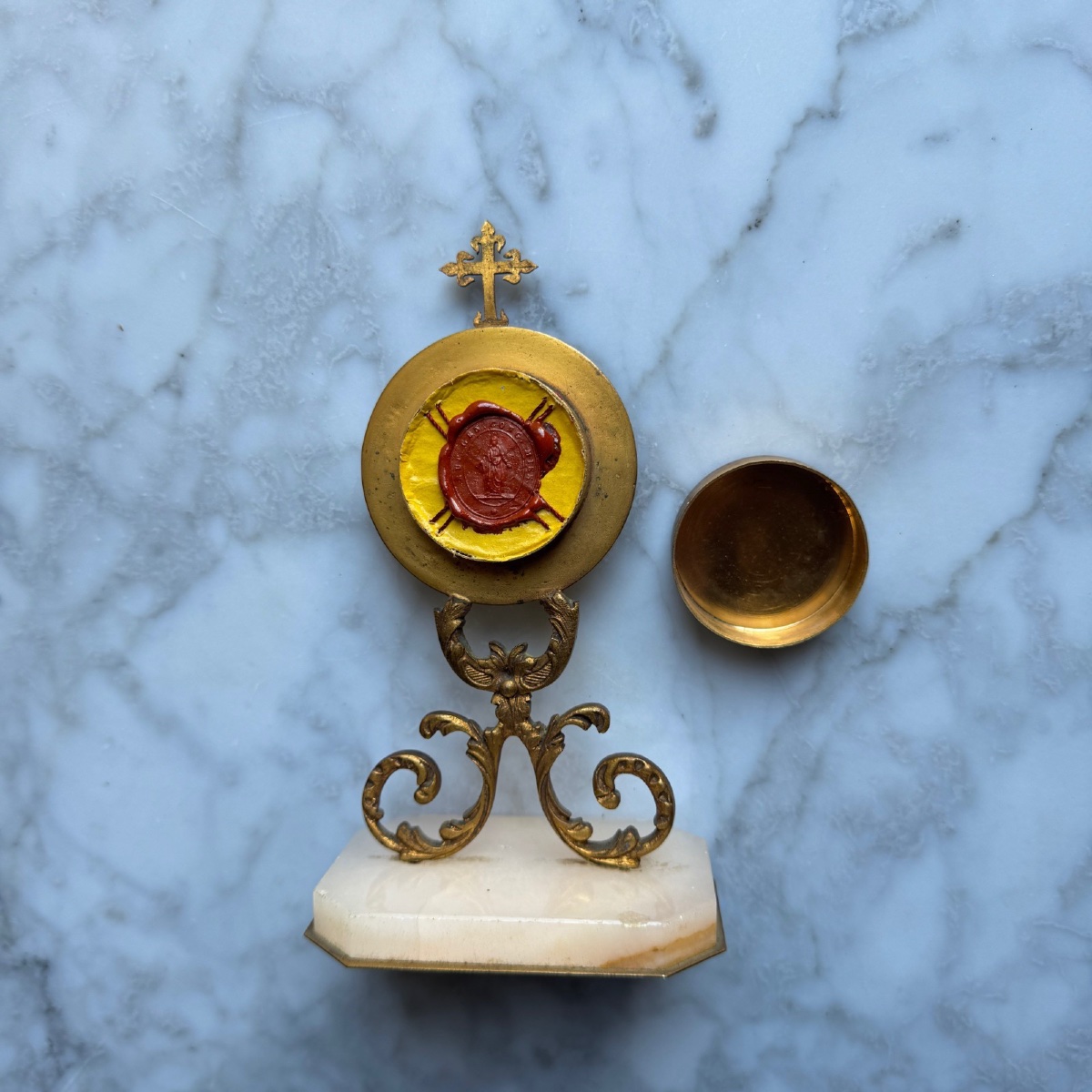 18th Century Bronze Reliquary On Marble Base-photo-2