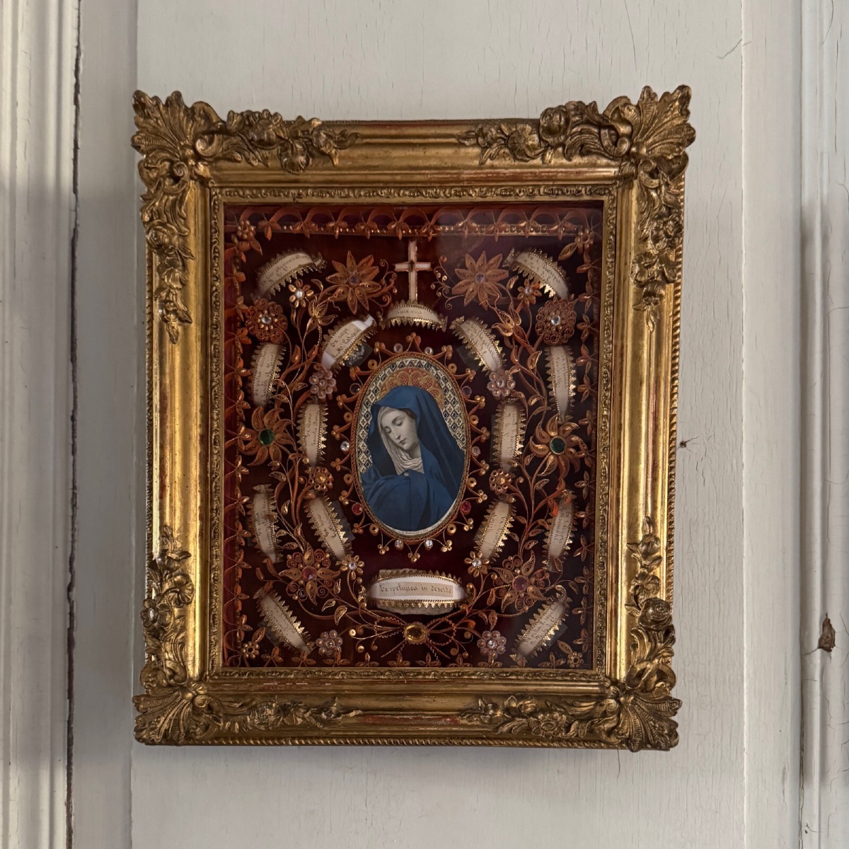 Reliquary With Quills 16 Relics 18th Century Gilded Frame-photo-2