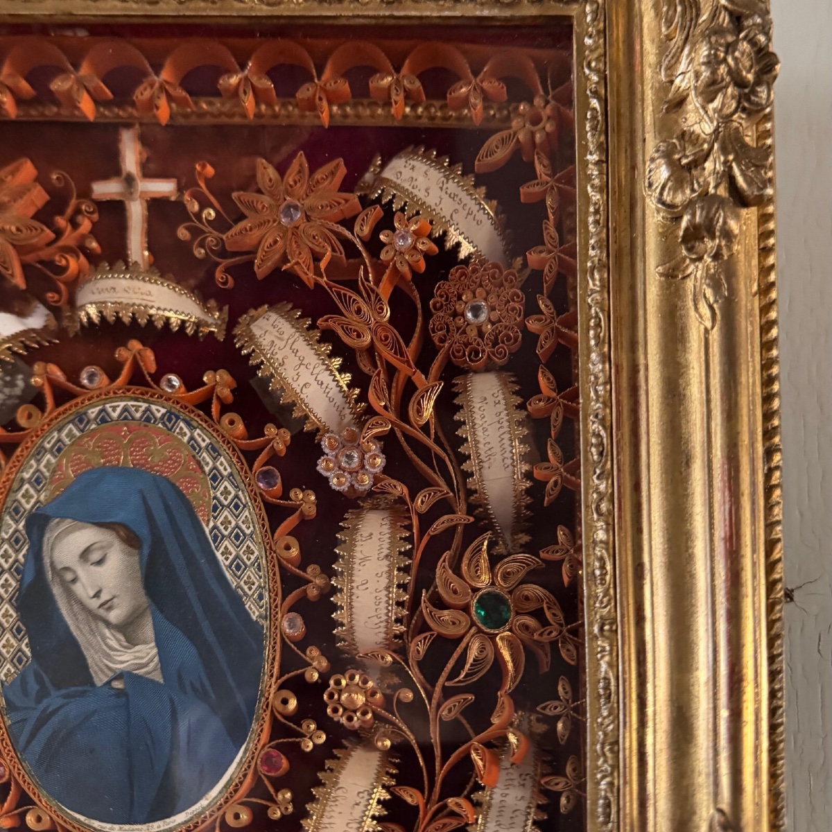 Reliquary With Quills 16 Relics 18th Century Gilded Frame-photo-2