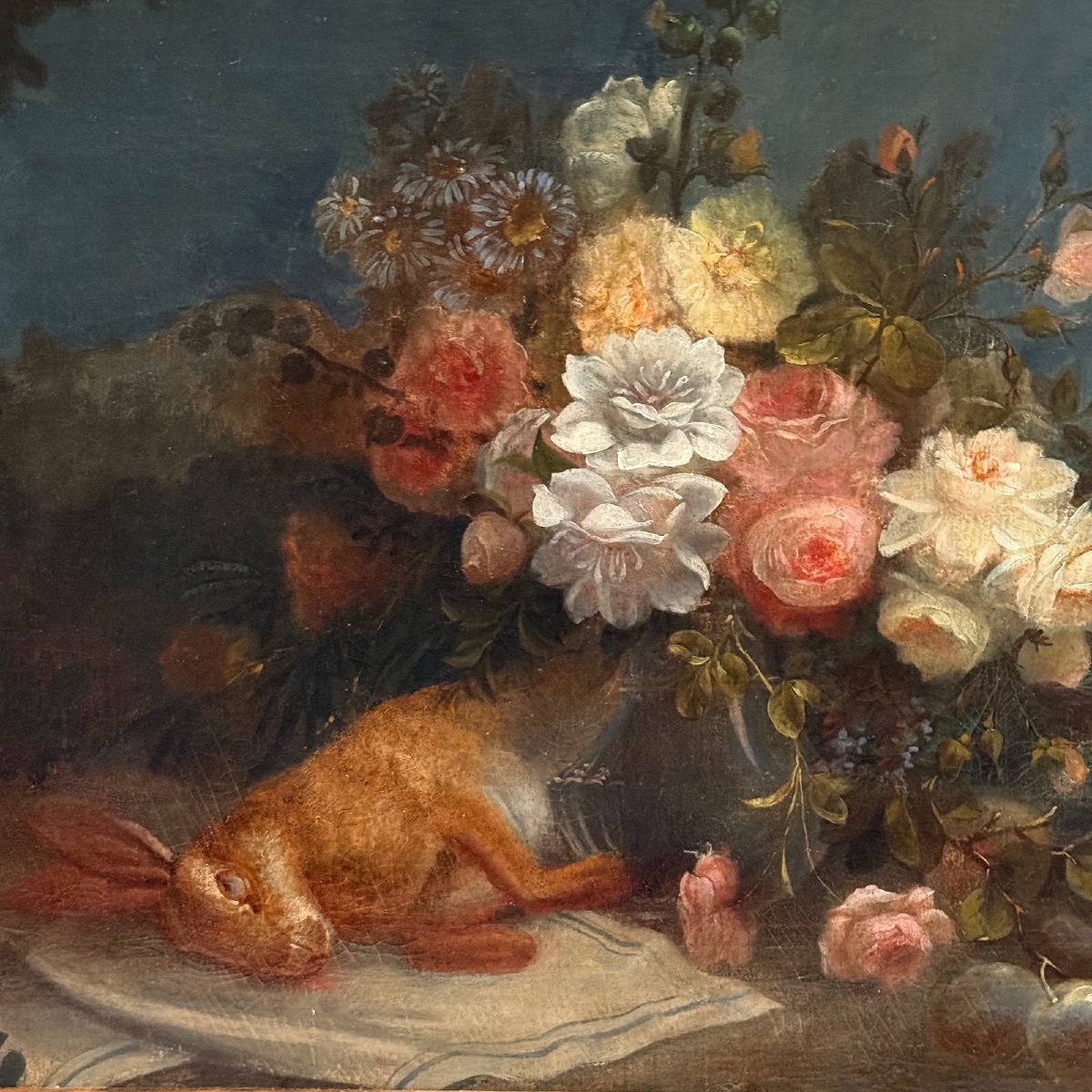 Huile sur toile par Devaux nature morte au lièvre et aux fleurs 1873-photo-3