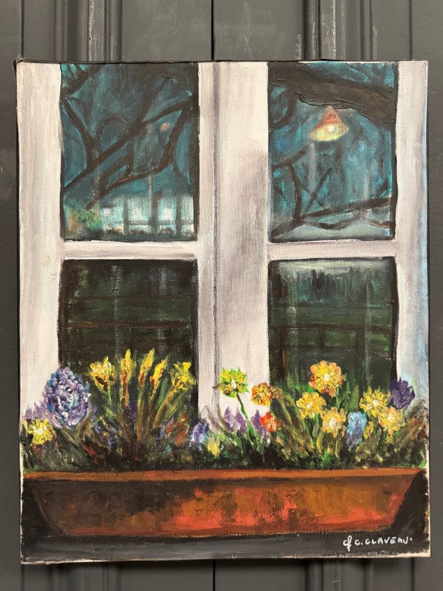 Oil On Canvas By Claude Claveau Window With Planter 20th Century