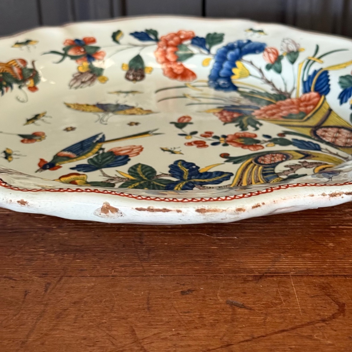 Grand plat en faïence de Rouen polychrome corne d'abondance XVIIIe-photo-5