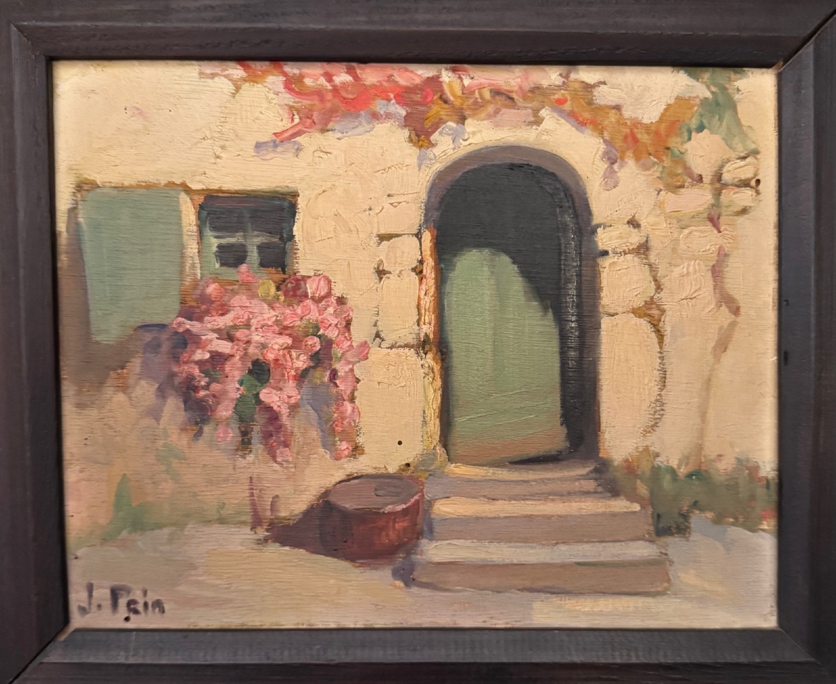 Oil On Panel By Jeanne Prin, Facade Of A Flowered House-photo-2