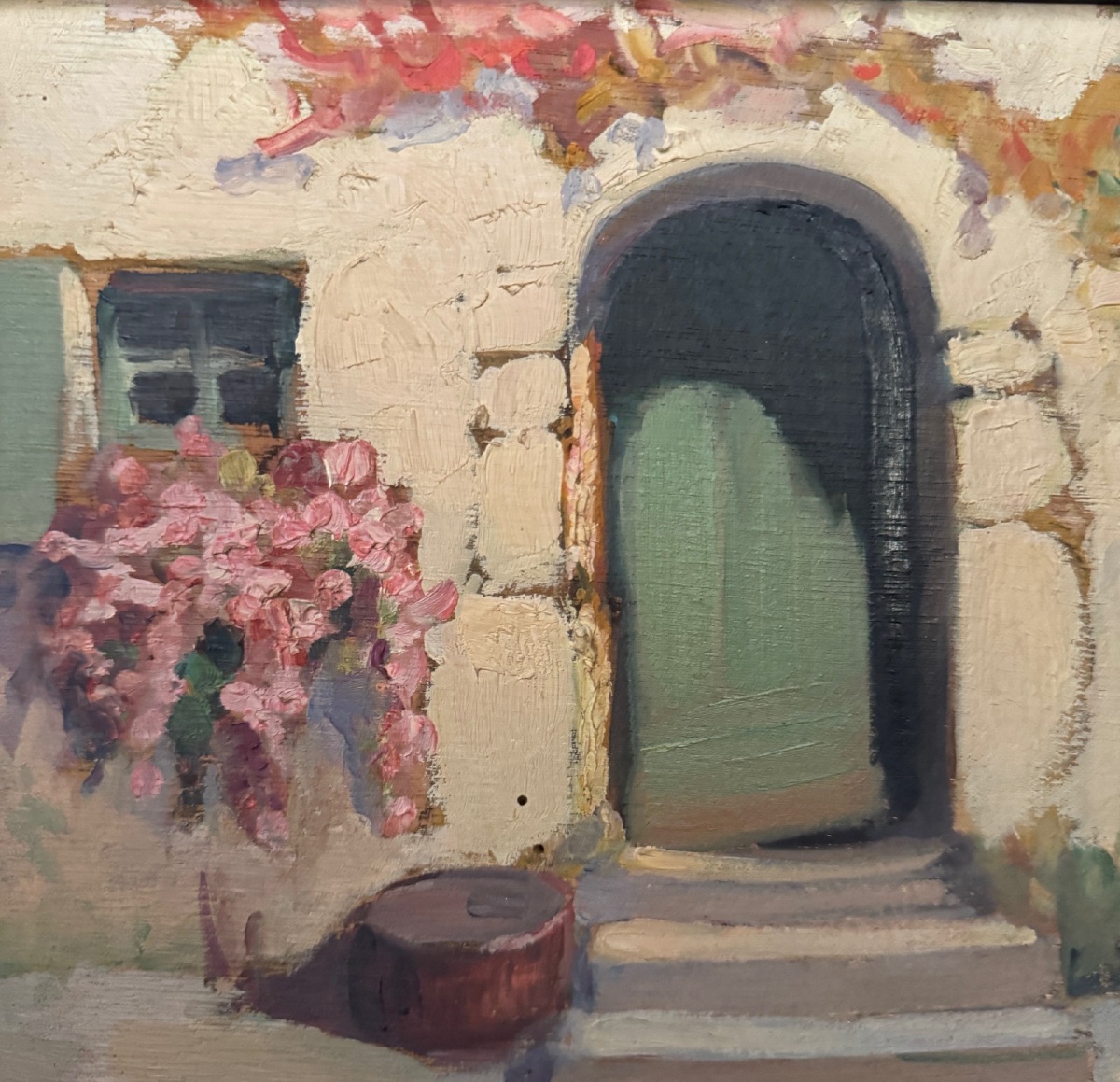 Oil On Panel By Jeanne Prin, Facade Of A Flowered House-photo-1