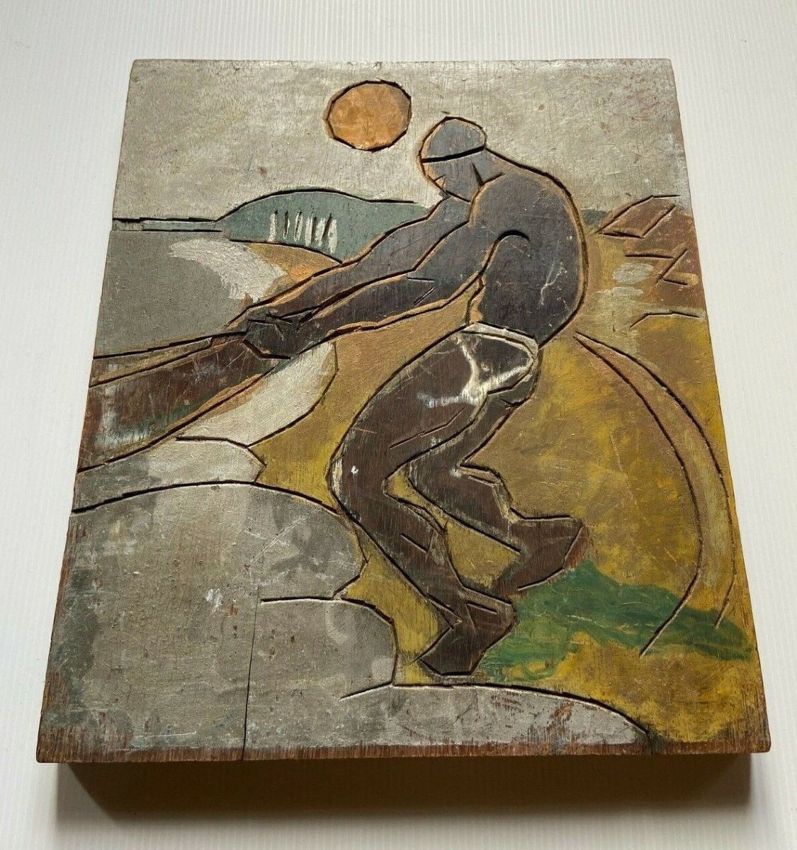 African Fisherman Pulling His Canoe By The Tip 1930 Polychrome Woodcut -photo-3