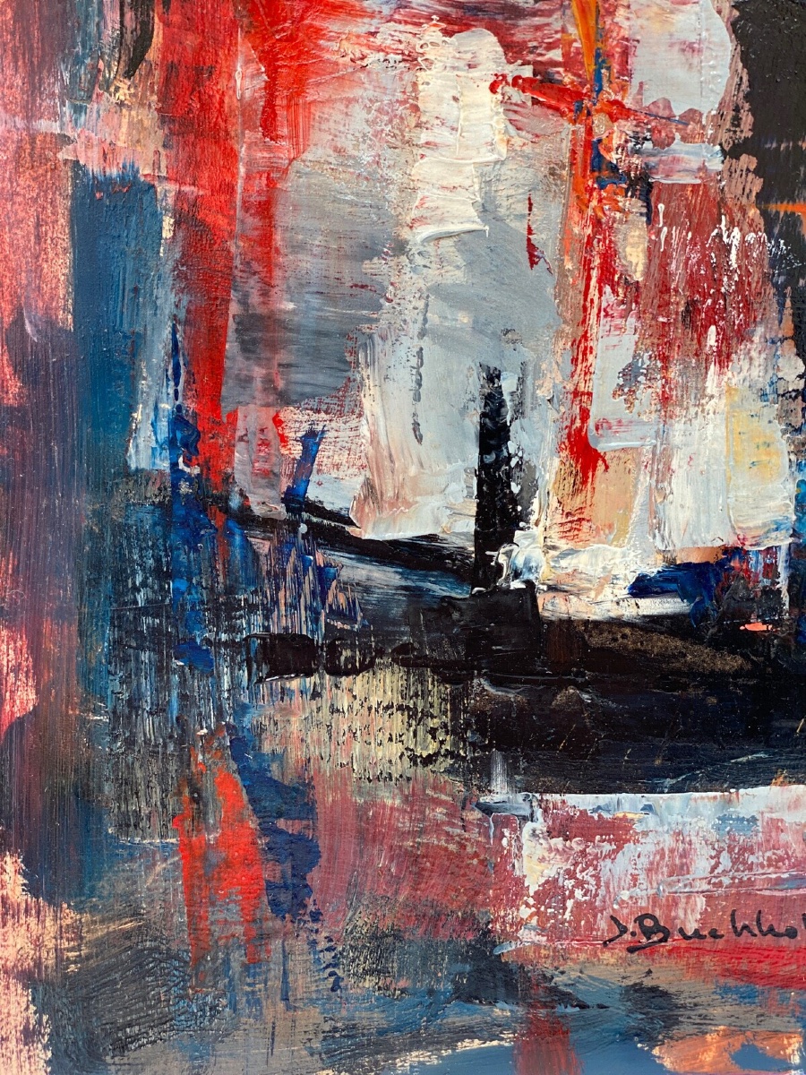 Oil Gouache On Paper Abstract Composition By Jacques Buchholz 20th Century-photo-4