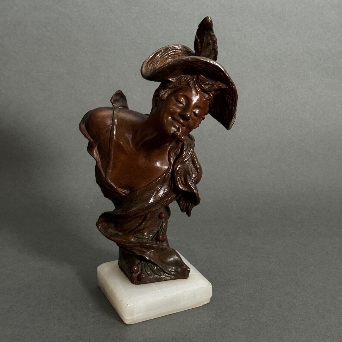 Bronze Young Girl With Cherries By Van Der Straeten Triple Patina-photo-2