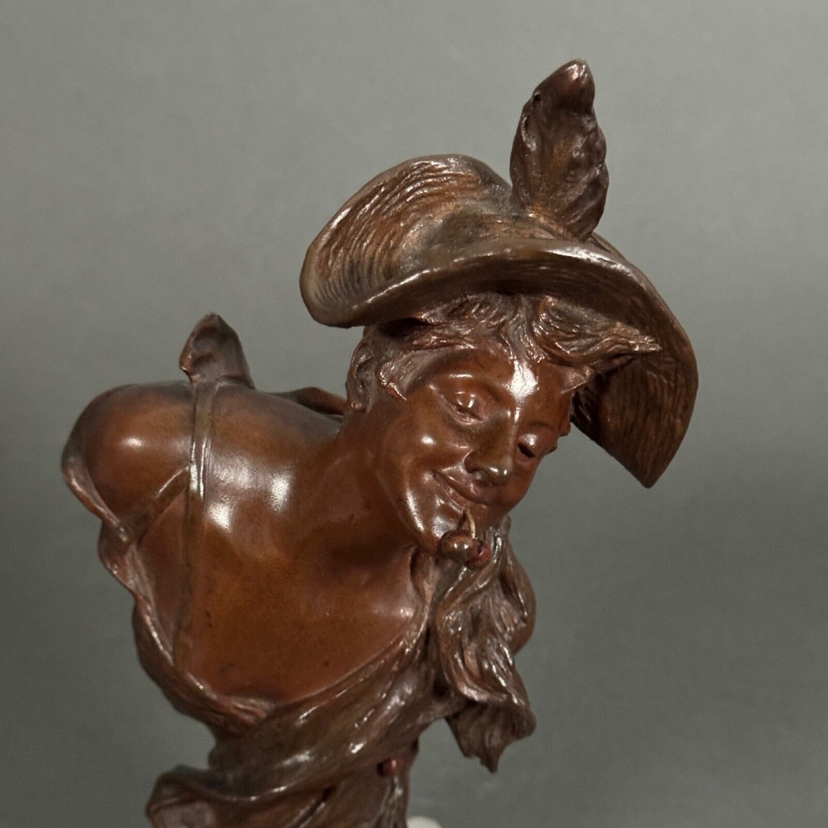 Bronze Young Girl With Cherries By Van Der Straeten Triple Patina-photo-3