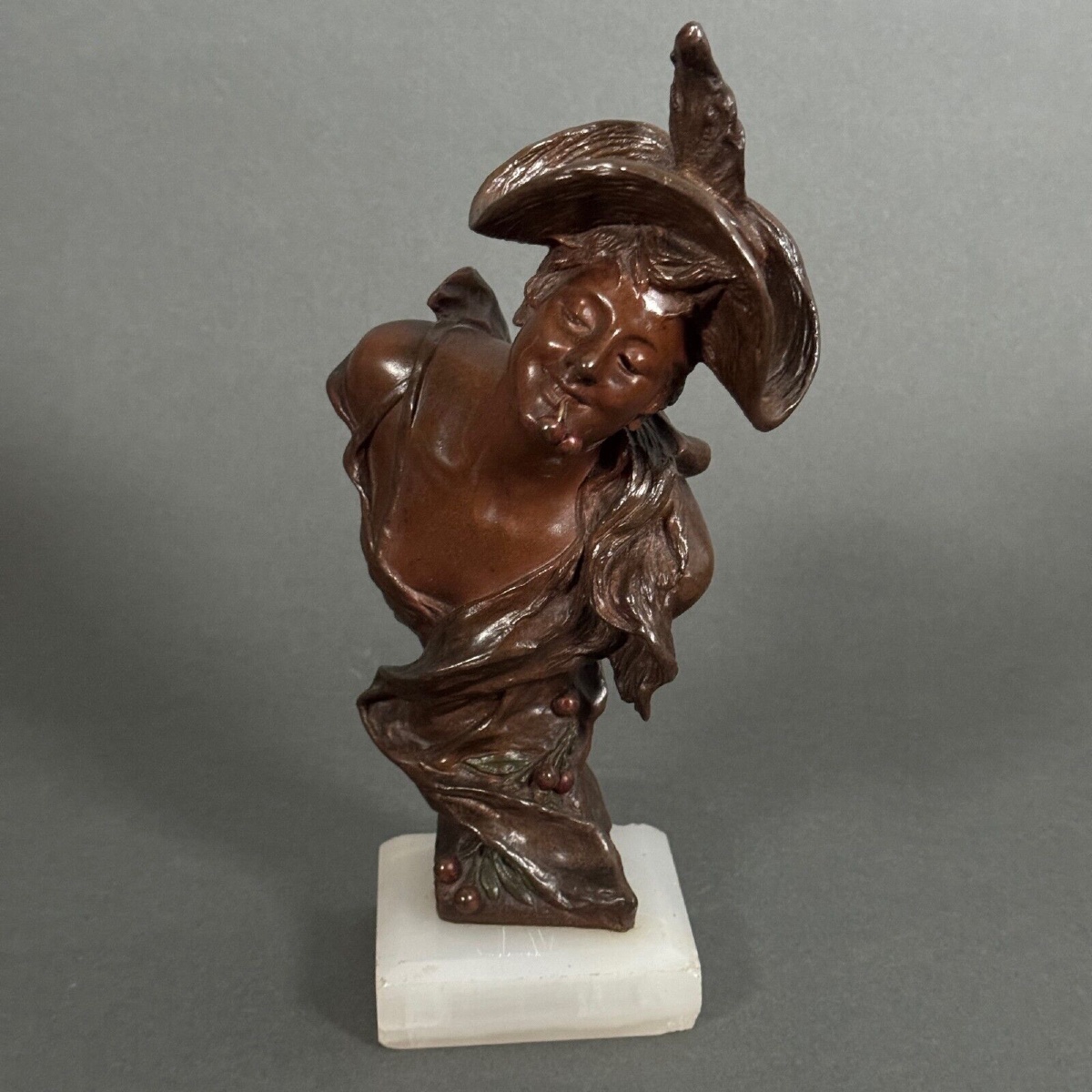 Bronze Young Girl With Cherries By Van Der Straeten Triple Patina
