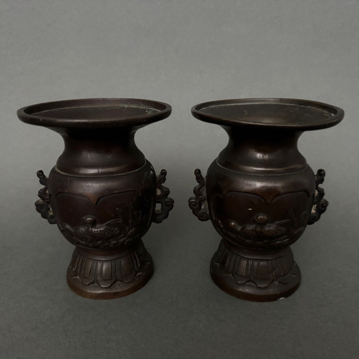 Pair Of Bronze Vases From Japan, 19th Century, Brown Patina-photo-2
