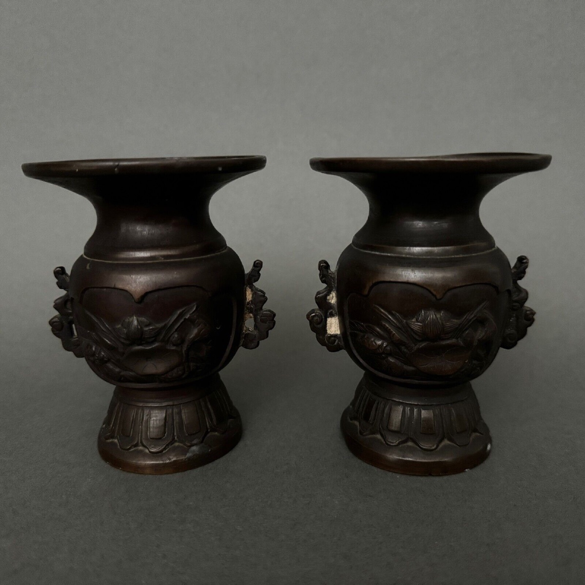 Pair Of Bronze Vases From Japan, 19th Century, Brown Patina-photo-1