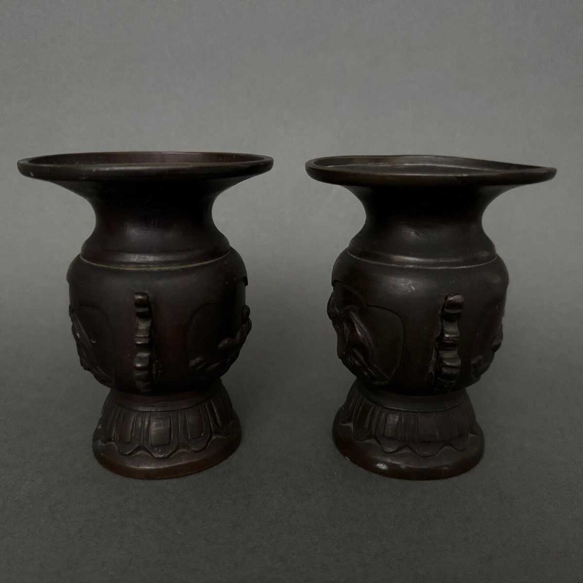 Pair Of Bronze Vases From Japan, 19th Century, Brown Patina-photo-2