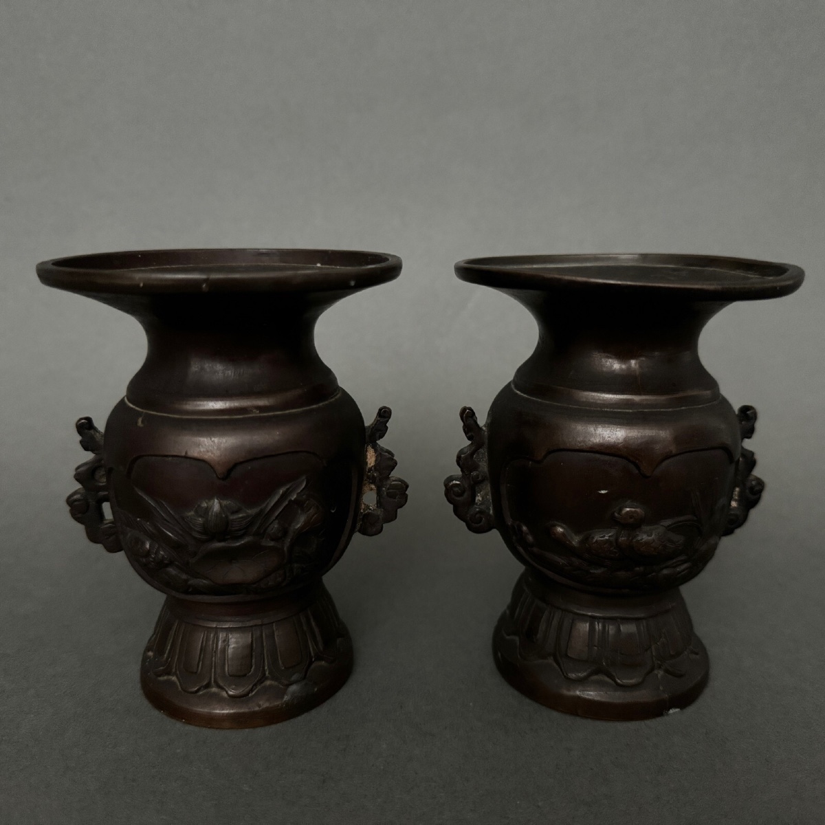 Pair Of Bronze Vases From Japan, 19th Century, Brown Patina