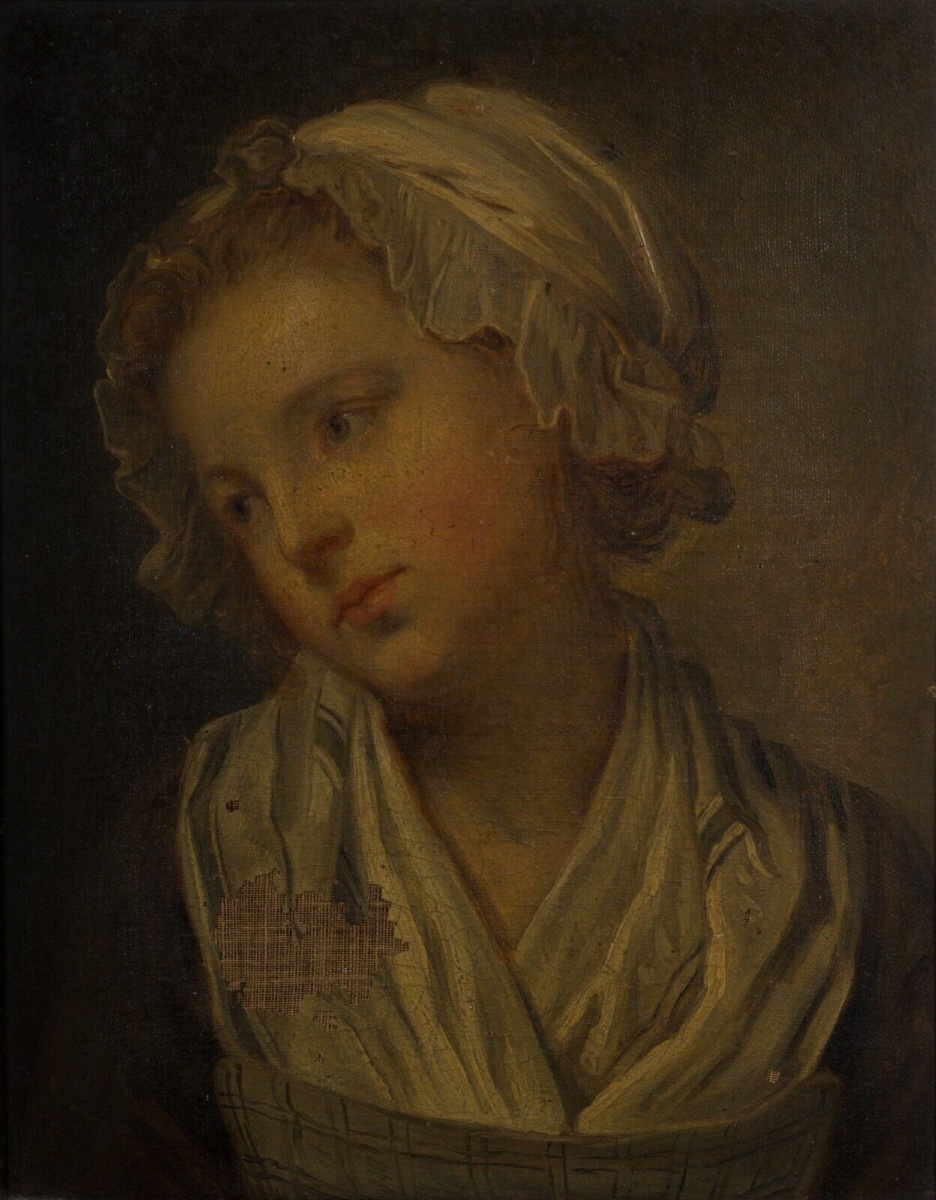 Huile sur toile portrait de jeune fille à la coiffe XIXe cadre doré -photo-2