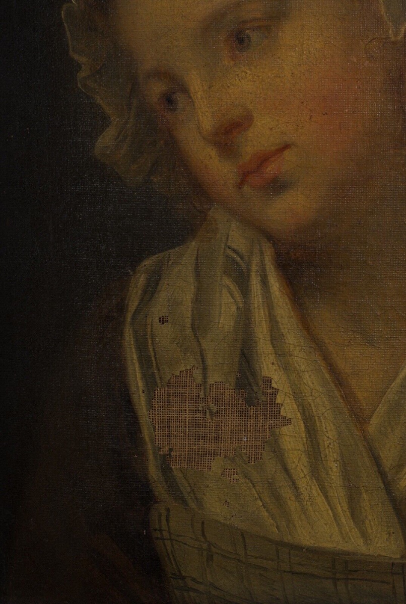 Huile sur toile portrait de jeune fille à la coiffe XIXe cadre doré -photo-4