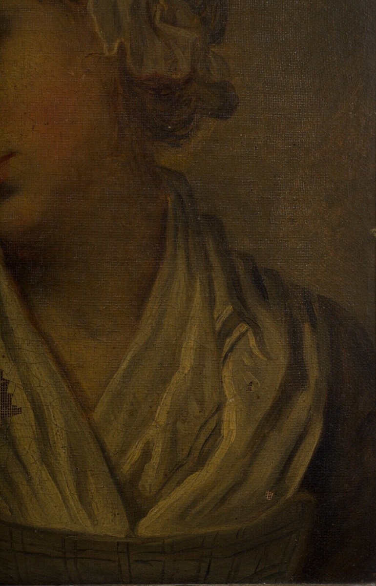 Huile sur toile portrait de jeune fille à la coiffe XIXe cadre doré -photo-1
