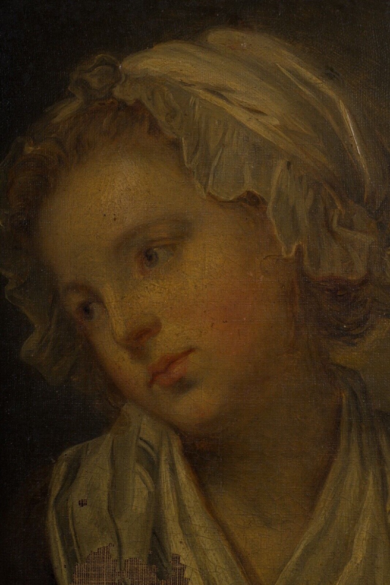 Huile sur toile portrait de jeune fille à la coiffe XIXe cadre doré -photo-3