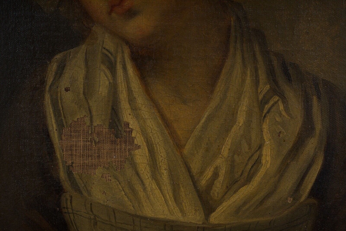 Huile sur toile portrait de jeune fille à la coiffe XIXe cadre doré -photo-4