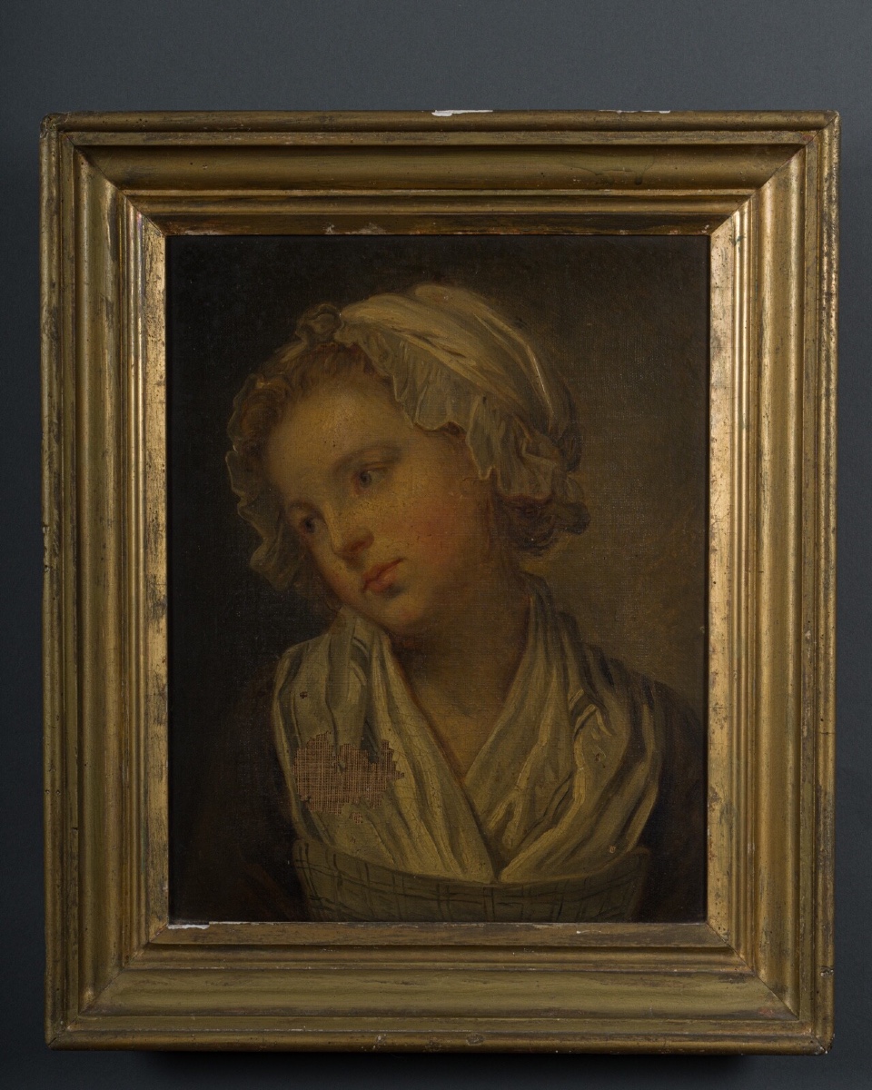 Huile sur toile portrait de jeune fille à la coiffe XIXe cadre doré 