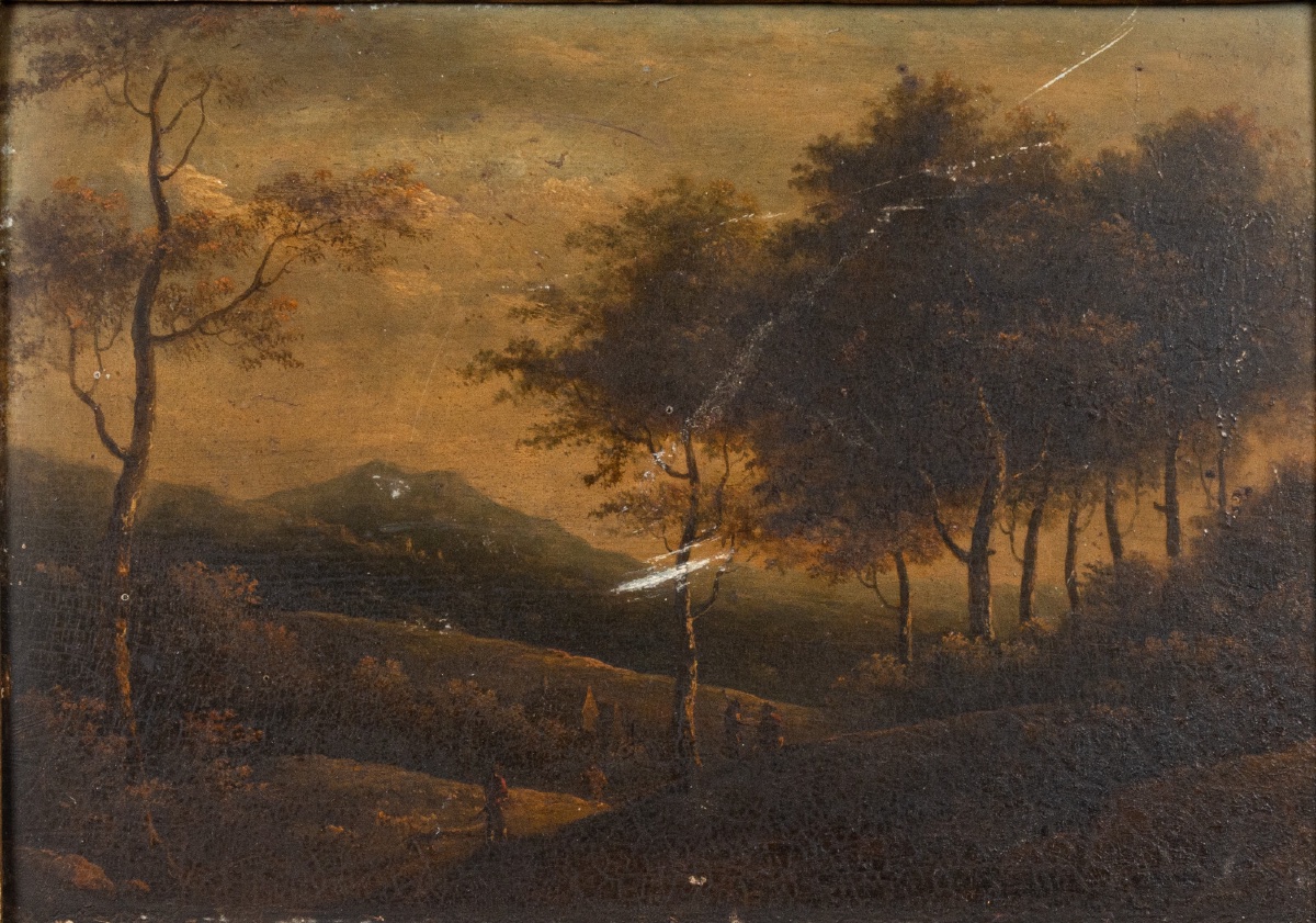Huile sur panneau époque Restauration sous-bois cadre à palmettes-photo-2