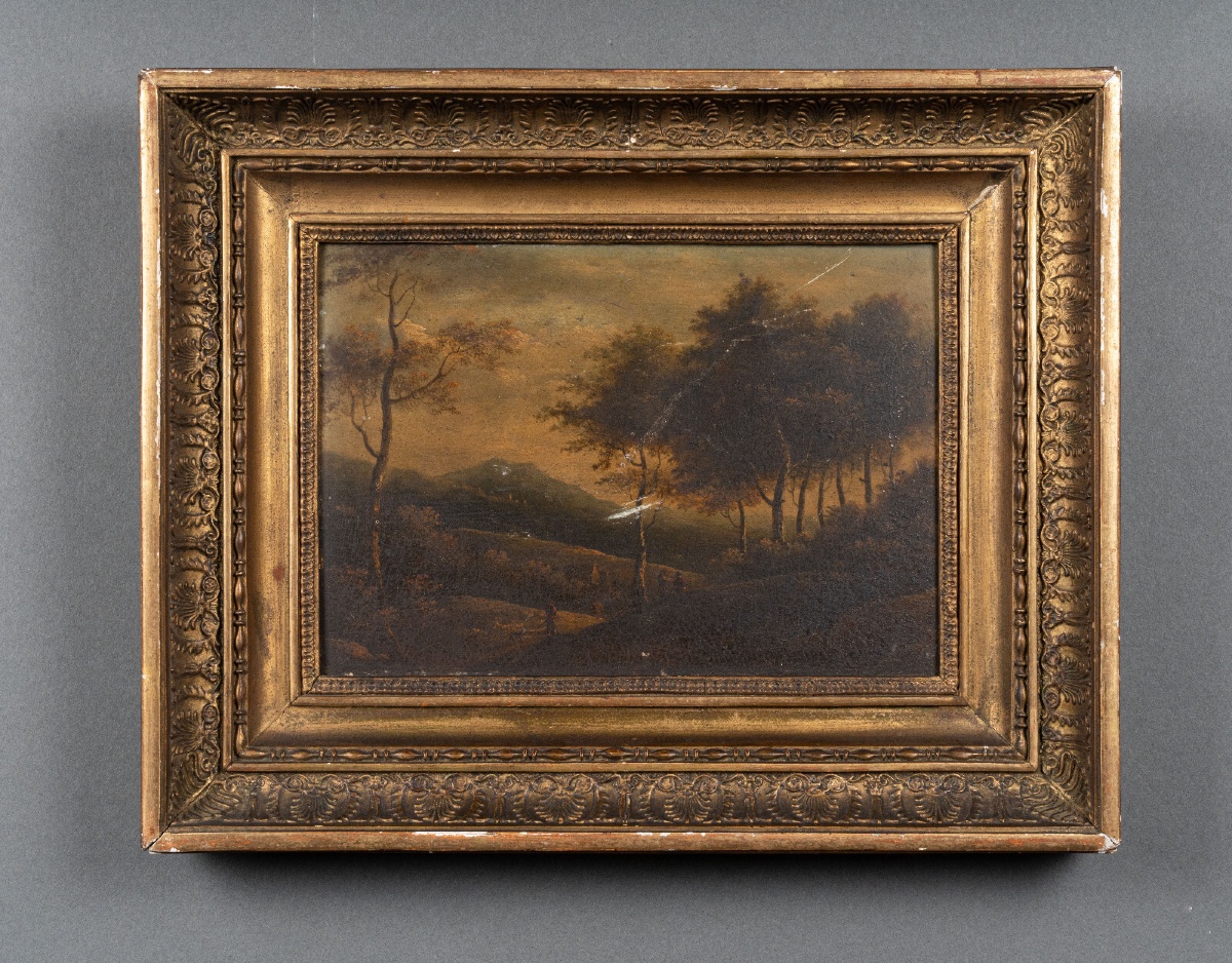 Huile sur panneau époque Restauration sous-bois cadre à palmettes